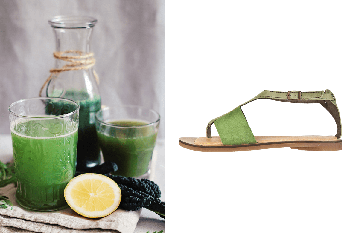 נעלי אל נטורליסטה (El Naturalista) ירוקות ליד משקאות בריאות
