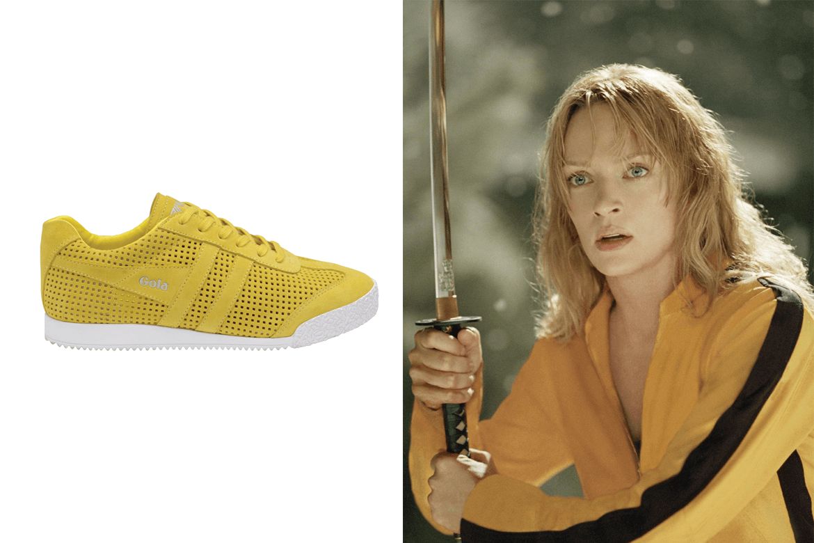 נעלי גולה (Gola) צהובות עם סוליה לבנה ושרוכים צהובים ליד אומה ת'ורמן מהסרט קיל ביל