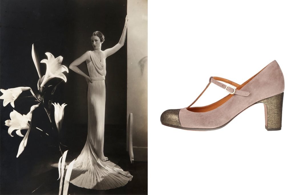 פורטרט של אשת החברה הגבוהה, הגברת רודה קמרון קלארק. צילום משנות ה-30 לצד נעלי עקב של צ'י מיהרה