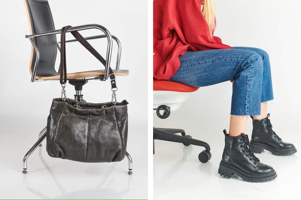 גם לתיק שלך מגיע כיסא מנהלות. מימין: מגפיים של שוץ, משמאל: תיק של איי.אס.98