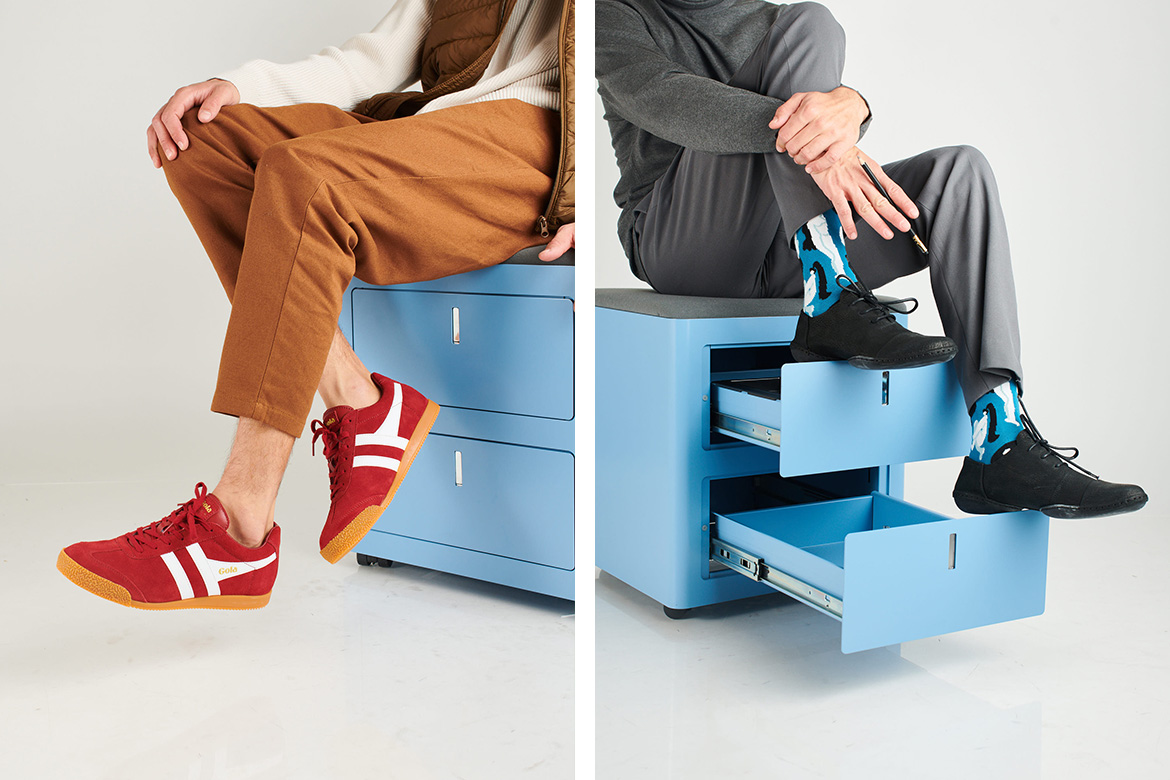 מימין: טריפן וגרביים בעיצוב נטע כהן, משמאל: גולה